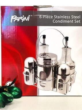 Parini 6-Piece Stainless Steel Condiment Set Oil Vinegar Salt Pepper Caddy New